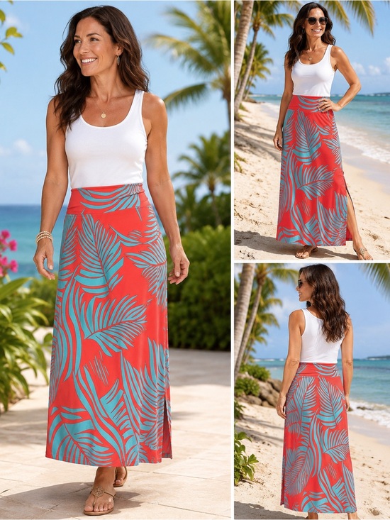 Dresses & Skirts - Kim & Co Tropical Palm Print Maxi Skirt Papaya Turquoise XL Made in Canada